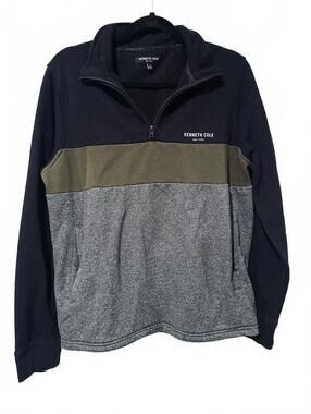 Kenneth Cole Men’s Zip-Up Colorblock Sweater - Black/Olive/Gray